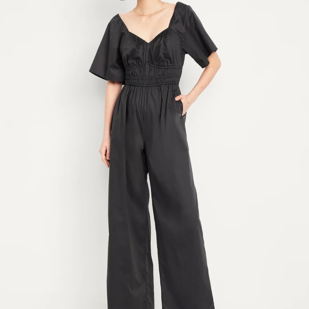 Smocked-waist wide leg jumpsuit